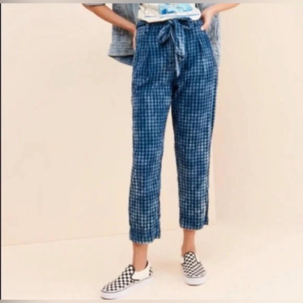 MAEVE by Anthropologie Blue Checkered Ankle Tie Pants